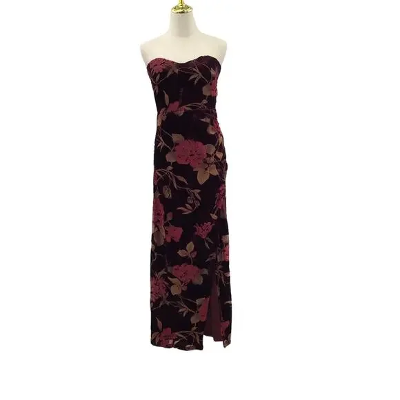 LULU'S SZ S Burgundy Exquisite Floral Burnout Strapless Maxi Dress B26 *flaw - Picture 2 of 9